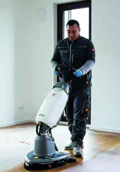 Ein Mitarbeiter mit einer Bodenreinigungsmaschine