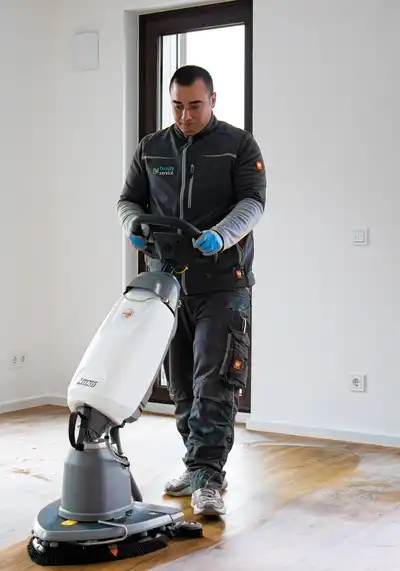 Ein Mitarbeiter mit einer Bodenreinigungsmaschine
