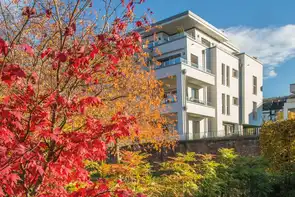 Ein Gebäude mit einem herbstlich gefärbten Laubbaum